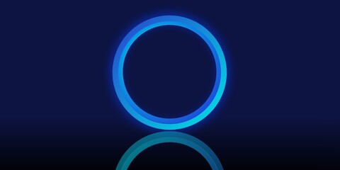 Abstract technology background with a glowing blue neon circle in the middle that emits light and has a reflection underneath, isolated on a dark blue room