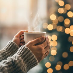 Close-up of hands holding a steaming cup of coffee on a chilly morning