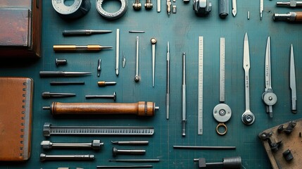 Fototapeta premium Assortment of Tools and Precision Instruments on a Blue Mat