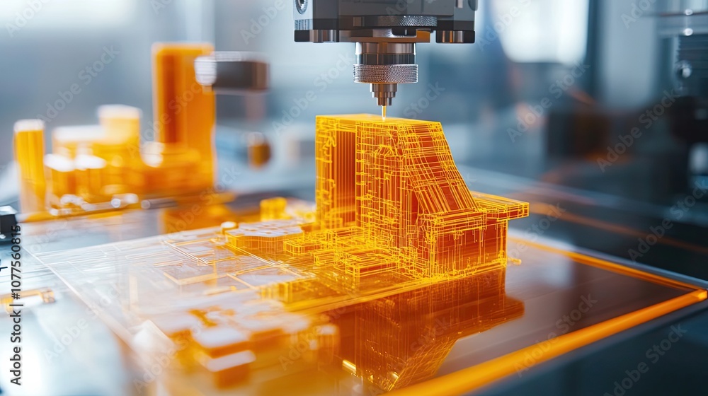 Poster 3d printer creating a geometric object with orange filament