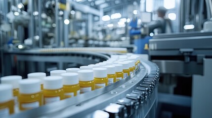 Obraz premium Bottles Moving on a Conveyor Belt in a Manufacturing Facility