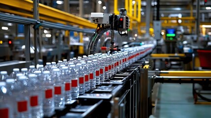 Conveyor Belt Filled with Plastic Water Bottles