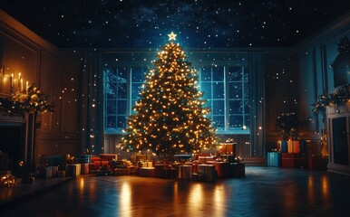 3D render Christmas background with gift boxes and christmas tree. Christmas tree with gift boxes