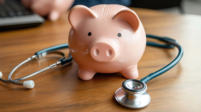 Close-up of a piggy bank and stethoscope on a wooden desk, symbolizing healthcare cost savings or financial planning in medical contexts.