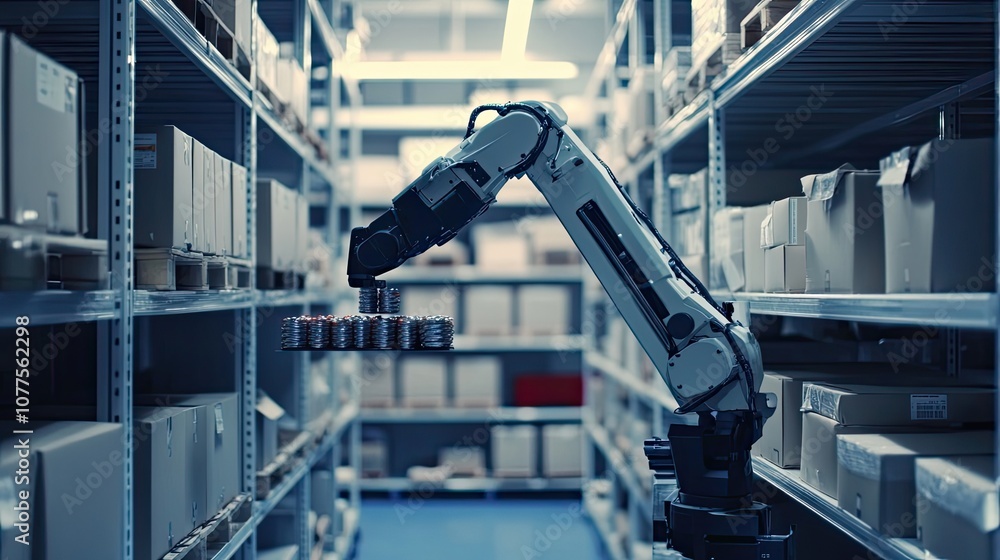 Poster robotic arm placing stack of disks in a warehouse