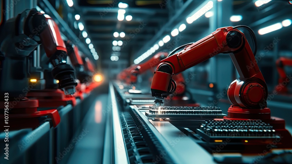 Poster automated production line with red robotic arms
