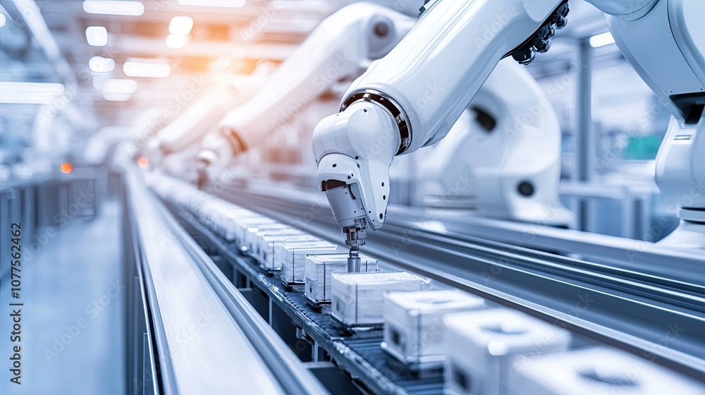 Poster a white robotic arm moving boxes on a conveyor belt in a factory setting