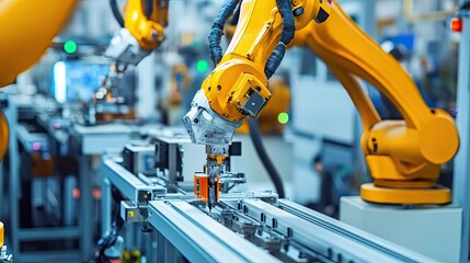 Yellow Robotic Arm Assembling a Metal Frame on a Conveyor Belt