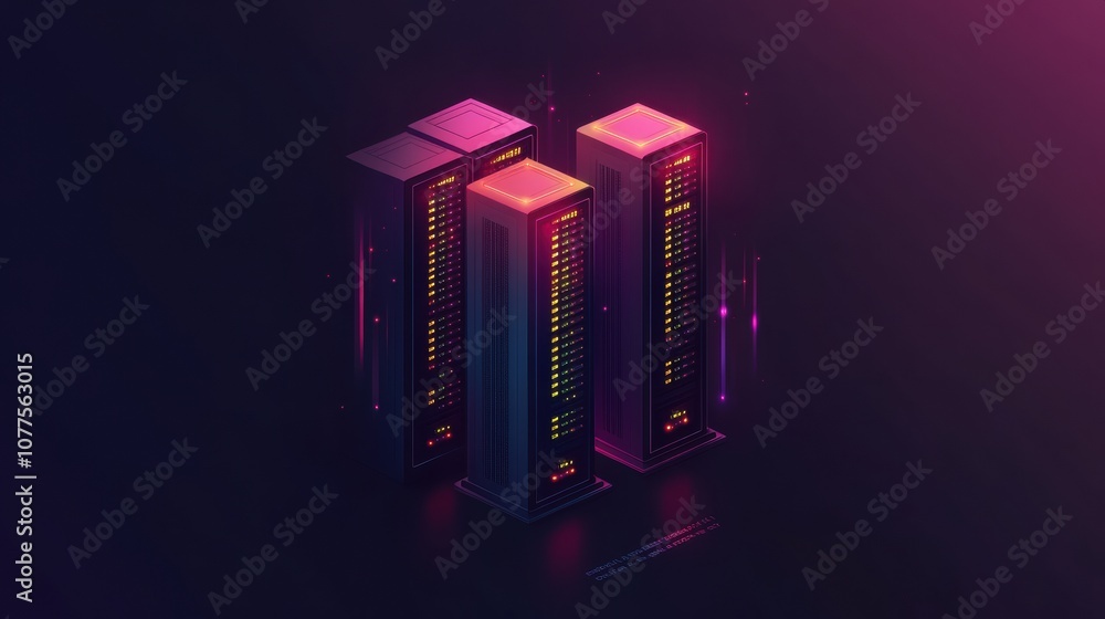 Poster A cluster of servers features blinking indicators, creating a vibrant visual against a dark backdrop in a digital space. Generative AI