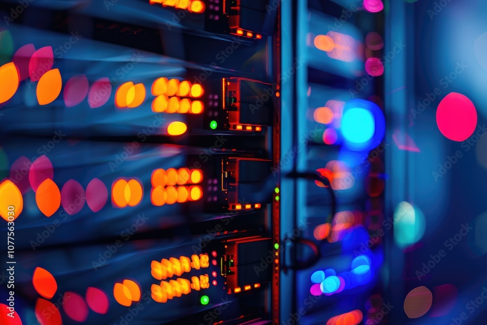 Poster a vivid scene of illuminated server racks, showcasing colorful lights that signify active connection