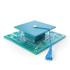 A graduation cap rests on a circuit board, symbolizing the intersection of education and technology.