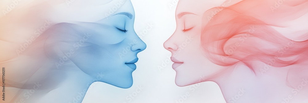 Fototapete Two abstract silhouettes in soft pastel colors illustrate a deep connection and empathy during an intimate exchange of thoughts. Generative AI