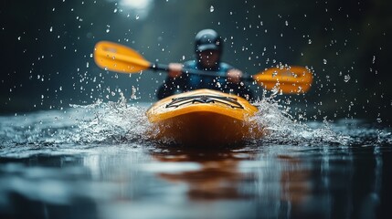 Fototapeta premium Kayaker navigating through water, creating splashes.
