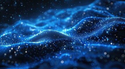 Abstract blue and white wave pattern with glowing particles, digitally generated.