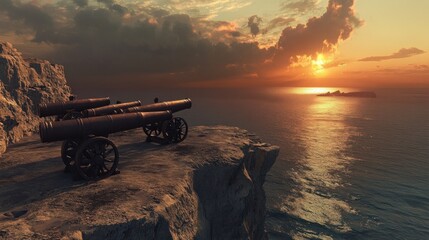 Old cannons on a cliff overlooking a sunset and the ocean.