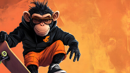 Charming Monkey Character in Trendy Skateboarder Outfit Posing Stylishly Drawn in Comic Style