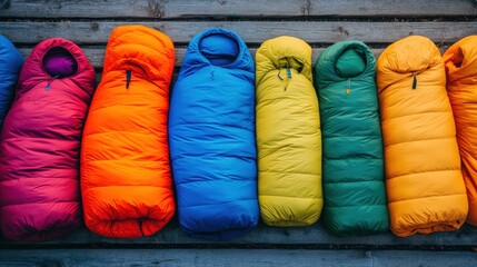 Row of colorful sleeping bags. This photo shows the variety of colors available for sleeping bags, ideal for marketing camping gear.