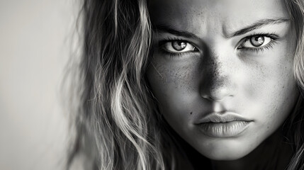 Fototapeta premium Emotional Spectrum: Close-Up black and white Shot of a Woman Showcasing Various Emotions Against a Dramatic White Background