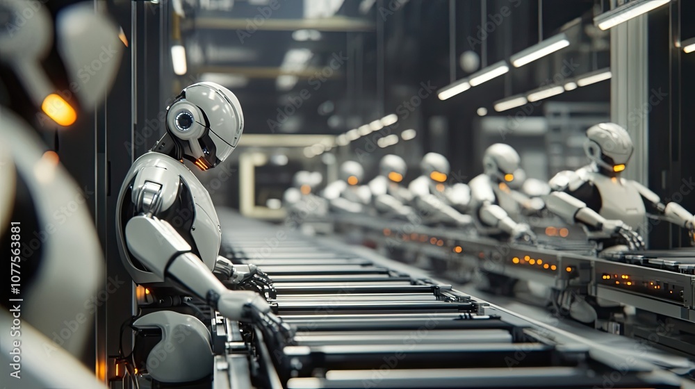 Poster a line of humanoid robots working on a conveyor belt in a factory setting