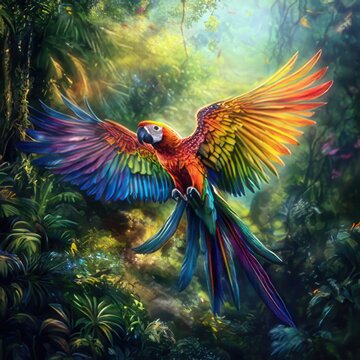 A vibrant macaw parrot with outstretched wings soars through a lush, sunlit rainforest.