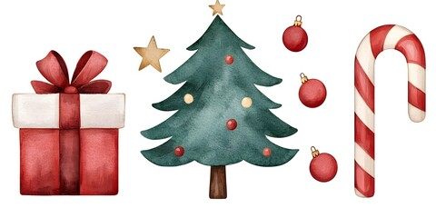A set of classic Christmas decoration icons including a Christmas tree, candy cane, and gift box in vibrant reds, greens, and whites