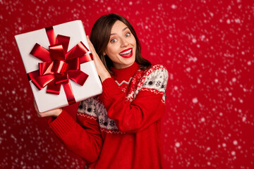 Portrait of good mood gorgeous cute thankful woman bob hairdo dressed red sweater impressed hold...