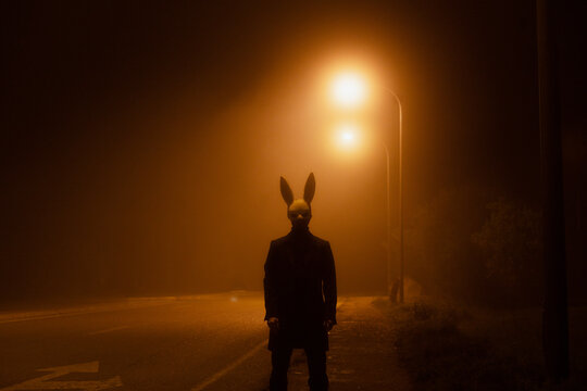 Halloween scene: killer in a scary bunny mask in fog - Powered by Adobe