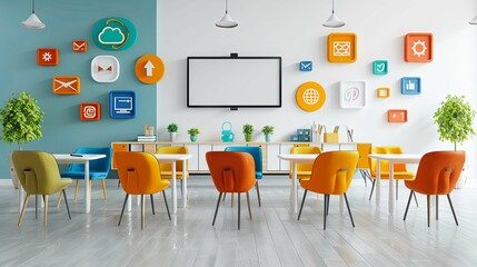 Modern Interior Design with Colorful Icons and a Blank Screen