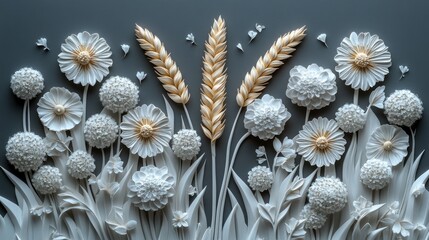 A single stalk of wheat surrounded by blooming dandelions in a detailed 3D outline.