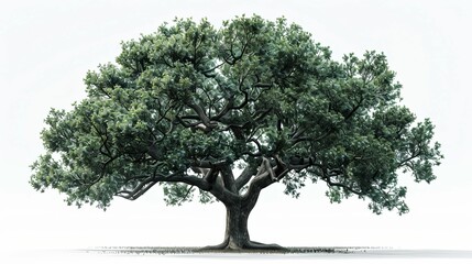 Obraz premium A solitary, large, green tree with gnarled branches against a white background
