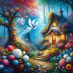 Fototapeta premium Cute cottage with flowers in magic forest