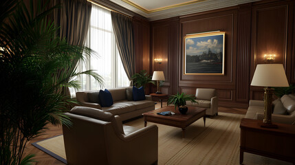 An opulent living room with designer furniture, plush textiles, and art pieces, showcasing interior luxury. A stylish and elegant home interior.


