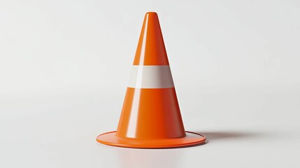 A Single Orange Traffic Cone with a White Stripe Against a White Background