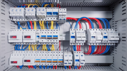 A large electrical panel with many wires and switches. The switches are numbered and the panel is white