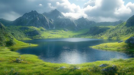 Fototapeta premium Serene mountain landscape with a tranquil lake and lush greenery.