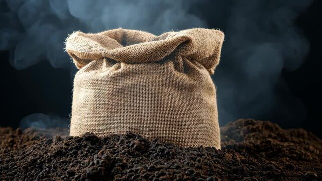 Burlap sack on dark soil with smoke, agricultural theme