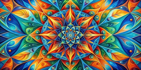 A mesmerizing kaleidoscope of vibrant hues and abstract patterns, reminiscent of a blooming flower with intricate details, creating a captivating optical illusion.