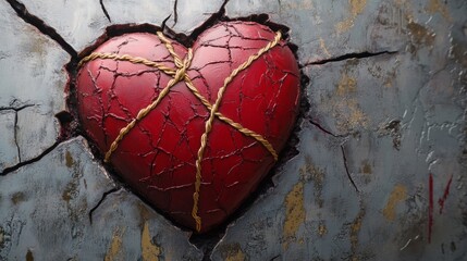 Crimson heart joined by golden dots inside a cracked wall generative ai