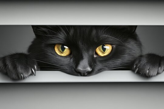 Curious black cat peeking through blinds with bright amber eyes