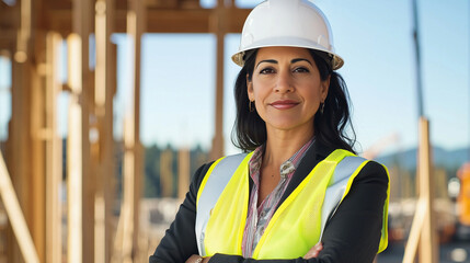 Confident Female Engineer at Construction Site with Hard Hat
