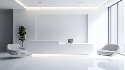 Minimalist Reception Area with Modern Furniture and Clean Lines Featuring a Workstation and Two Stylish Chairs in a Brightly Lit Space