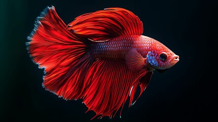 A vibrant red betta fish with flowing fins against a black background