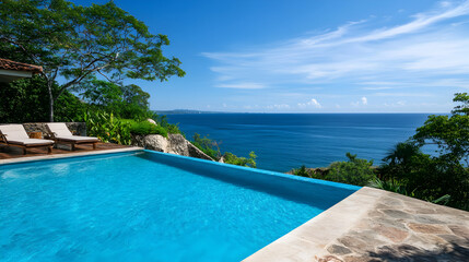 Fototapeta premium An extravagant infinity pool overlooking the ocean, with sun loungers and tropical landscaping. A stunning poolside view.