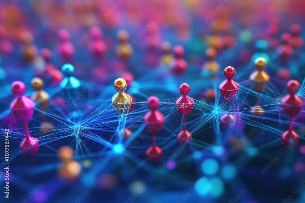 Poster colorful 3d abstract representation of connected people within a network of lines.