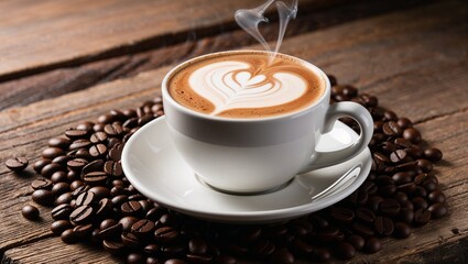 white ceramic cup filled with a freshly brewed cappuccino, placed on a matching saucer.