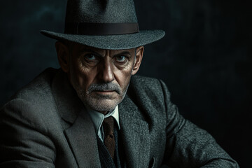Elderly Caucasian man in a gray suit and fedora, exuding a mysterious and intense aura against a dark background.