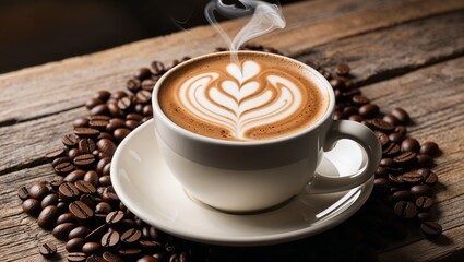 white ceramic cup filled with a freshly brewed cappuccino, placed on a matching saucer.