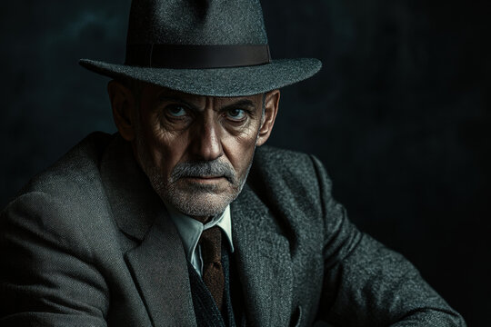 Elderly Caucasian man in a gray suit and fedora, exuding a mysterious and intense aura against a dark background.