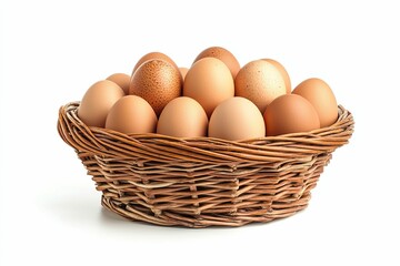 A wicker basket filled with brown eggs
