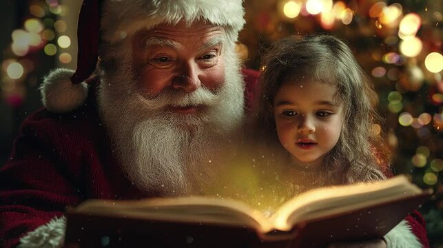 Santa Claus reads a book to a child. Gold dust floats from a book. Video looped.